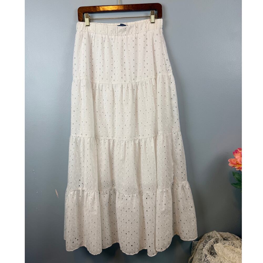 Biltmore Tired White Eyelet Maxi Skirt Romantic Resort Travel Lined Cottage Sm